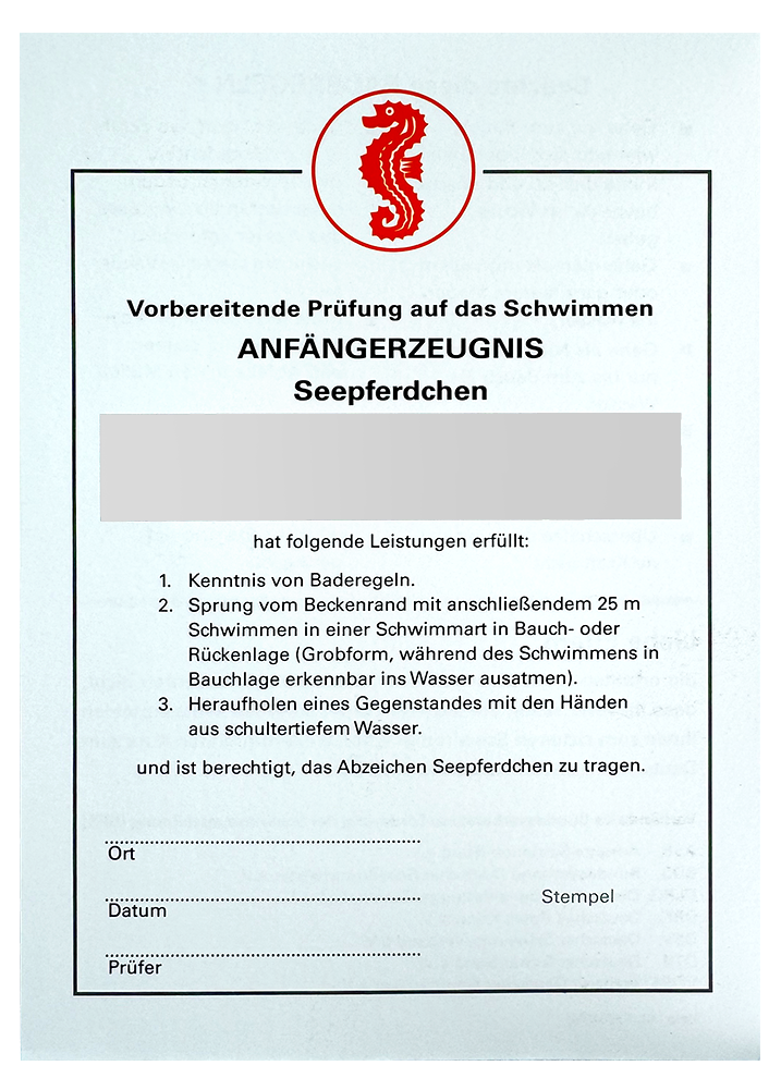 Frühschwimmer Seepferdchen (Urkunde und Aufbügler)