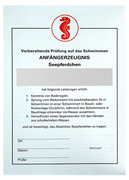 Frühschwimmer Seepferdchen Urkunde